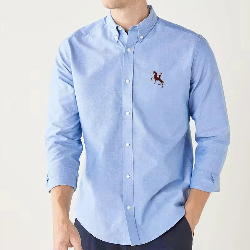 Spring Men's Dress Shirt Long-Sleeved Spring Autumn 100% Cotton Oxford Casual Social Solid Color Embroidery Washed Business Top