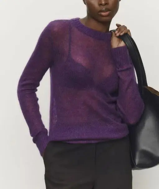 Women's Sweater 2025 Spring Autumn New Comfortable Round Neck Long Sleeve Casual Knitted Basic Semi Transparent Pullover Sweater