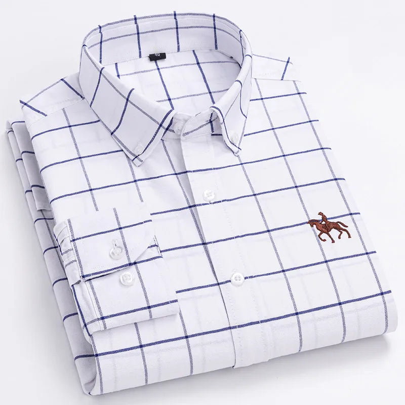 Men's 100% Cotton Oxford Washed Long Sleeve Dress Shirt — Embroidered Business Casual