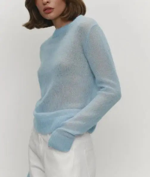 Women's Sweater 2025 Spring Autumn New Comfortable Round Neck Long Sleeve Casual Knitted Basic Semi Transparent Pullover Sweater
