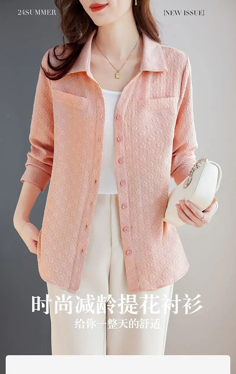 Long-sleeved Shirt for Women Autumn New Fashion Casual Versatile Jacket Fashionable Jacquard Lapel Belly-reducing Top Trendy