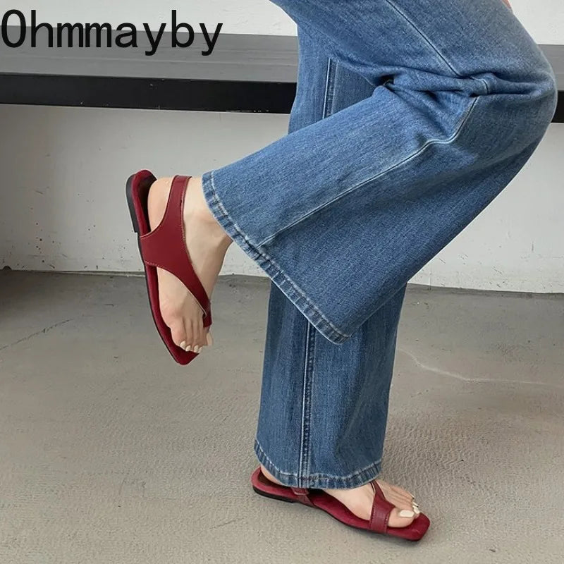 Women Flat Sandals Casual Soft Leather Suede Square Clip Toe Summer Shoes for Women Beach Party Daily Wear Sandalias Mujer