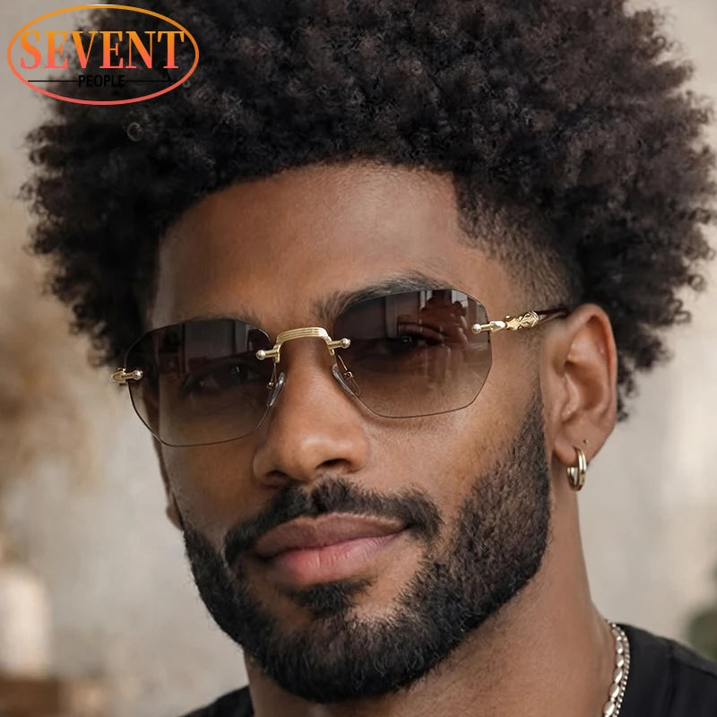 Steampunk Rimless Square Sunglasses Men 2026 Luxury Designer Vintage Metal Polygon Outdoor Sun Glasses Male Frameless Shades