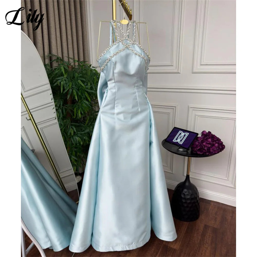 Lily Light Blue Prom Dress Shiny Beading Halter Party Dresses Stain  Sleeveless Celebrity Gowns with Detachable Tail Customized
