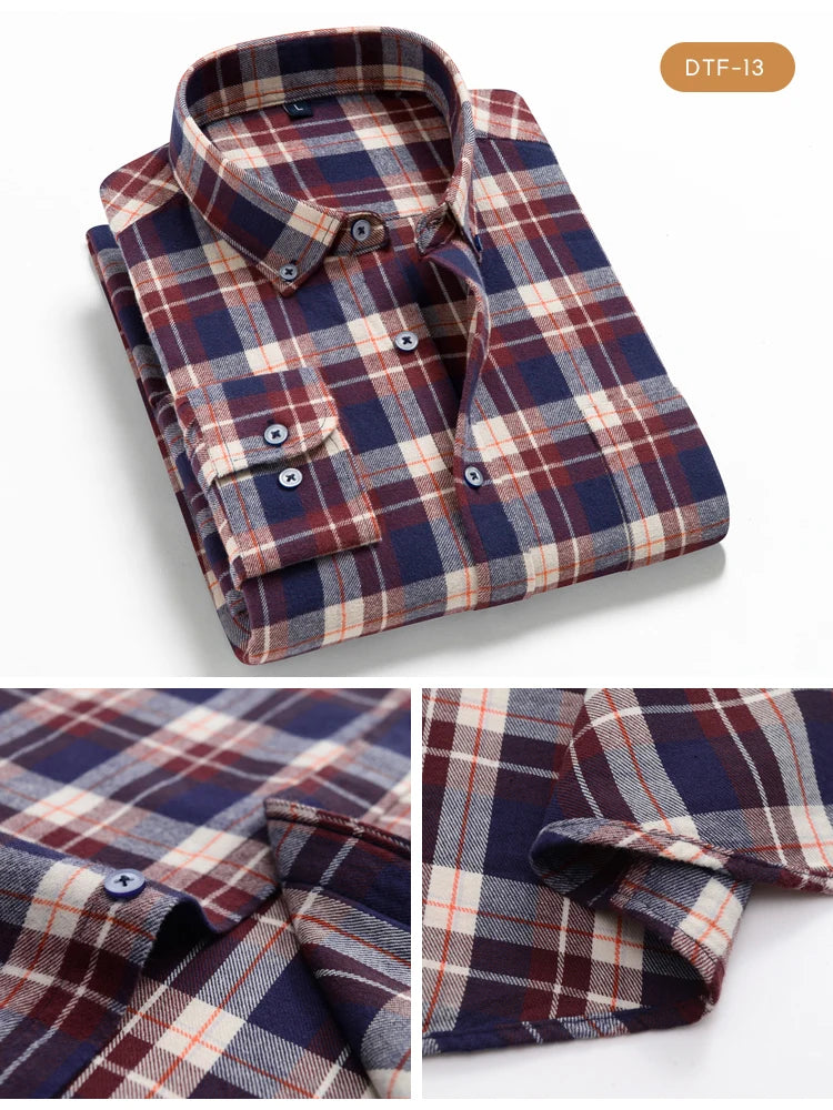 Men's Button Down Collar Contrast Plaid Pure Cotton Flannel Shirt with Left Chest Pocket Slim Fit Comfort Casual Brushed Shirts