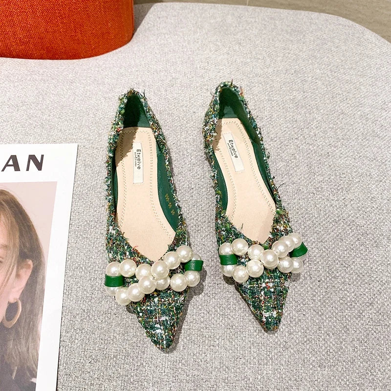 Flat Shoes for Women 2025 Spring Summer New Big Pearls Green White Women Flats Slip on Casual Loafers Zapatillas Mujer 44 45 46