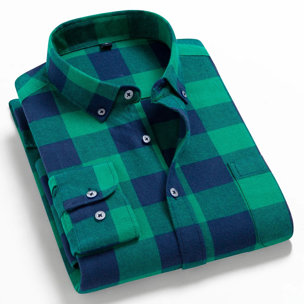 Men's Button Down Collar Contrast Plaid Pure Cotton Flannel Shirt with Left Chest Pocket Slim Fit Comfort Casual Brushed Shirts