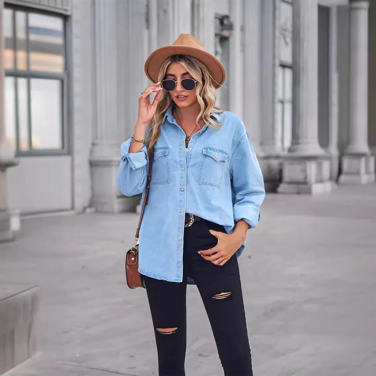 Women Button Down Denim Shirt Casual Long Sleeve V Neck Chambray Blouse Top Boyfriend Style Loose Fit Daily Wear Jean Shirts