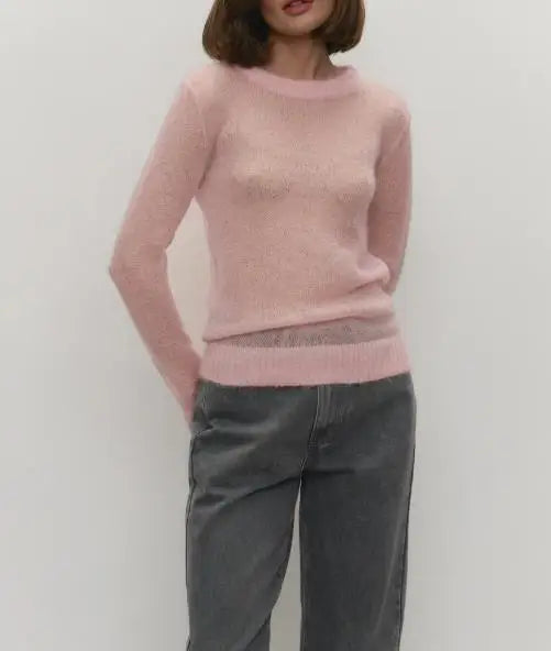 Women's Sweater 2025 Spring Autumn New Comfortable Round Neck Long Sleeve Casual Knitted Basic Semi Transparent Pullover Sweater