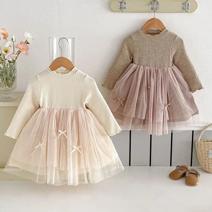2025 New Spring Sister Dress 2-6Yrs Girl Party Dress Long Sleeved Cotton Mesh Splicing Kids Princess Dresses Children Clothes