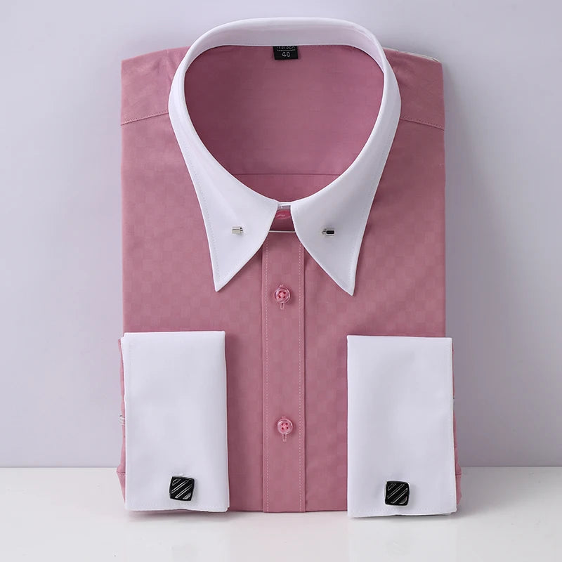 Lynett Lamar Men's Empire Collar French Cuff Long Sleeve Dress Shirt — Large Pointed Collar with Collar Pin