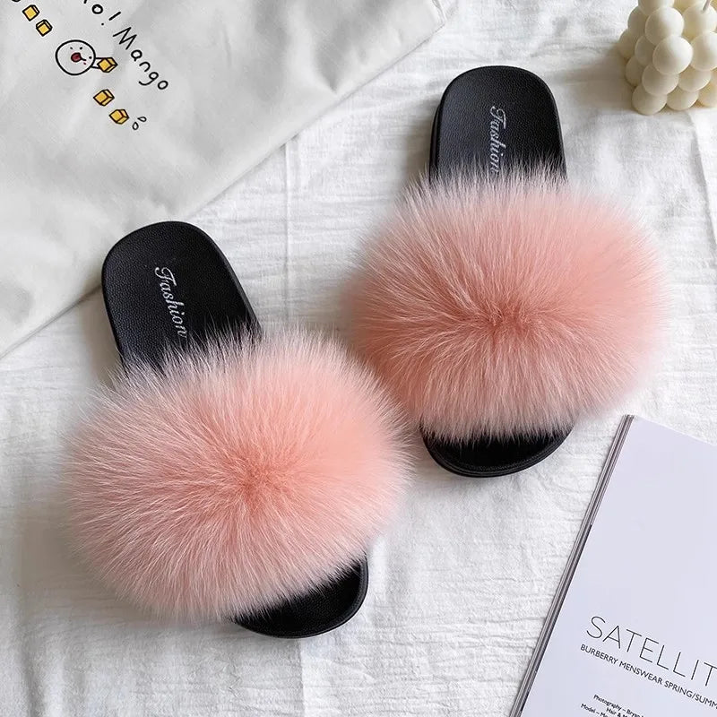 Fashion Lovely Real Fox Fur Slippers Women, Luxury Flat Sandals
