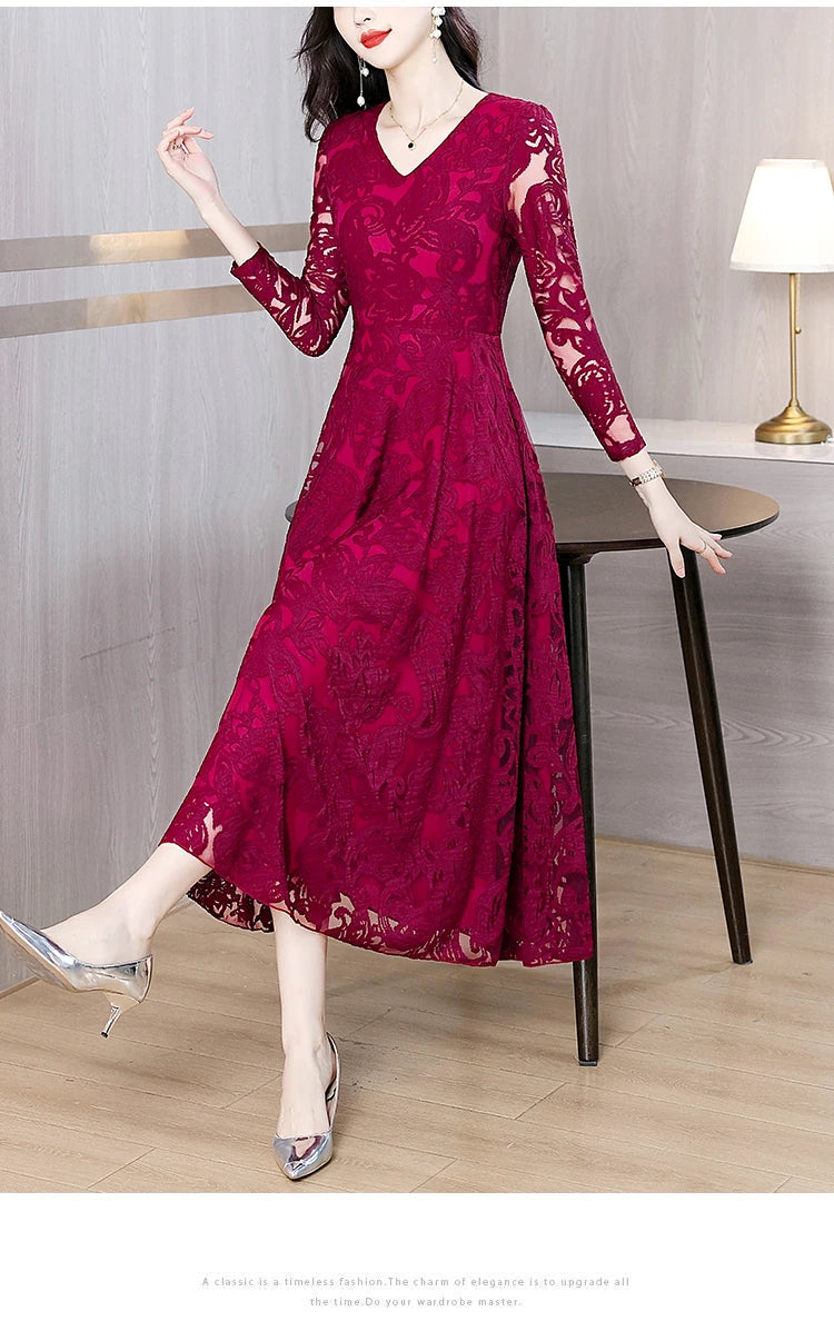 Women Vintage V-neck Lace Hollow Out Sexy Dress 2025 Elegant Bodycon Party Vestidos Spring Autumn Black Long Sleeve Midi Dresses