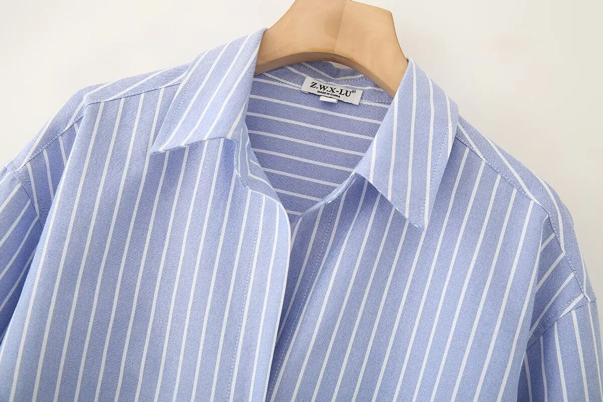 Blue Stripe Button-Down Shirt Women Oversized Fit Long Sleeve Spring Summer Elegant Office Casual Daily Wear Lightweight Top