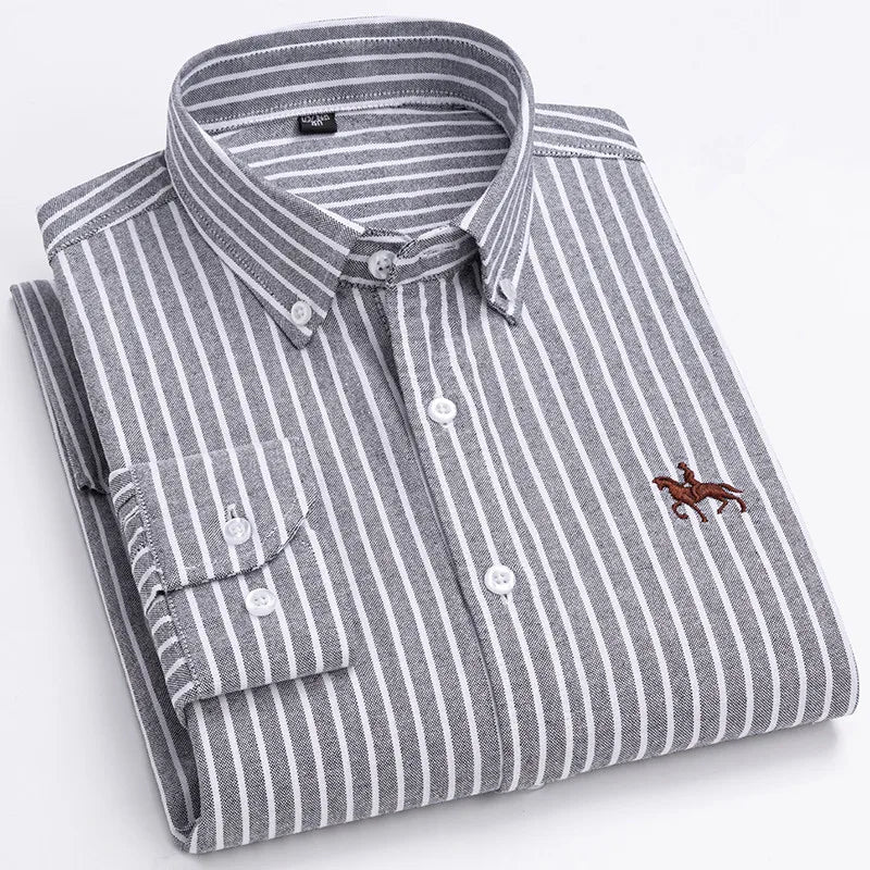Men's 100% Cotton Oxford Washed Long Sleeve Dress Shirt — Embroidered Business Casual