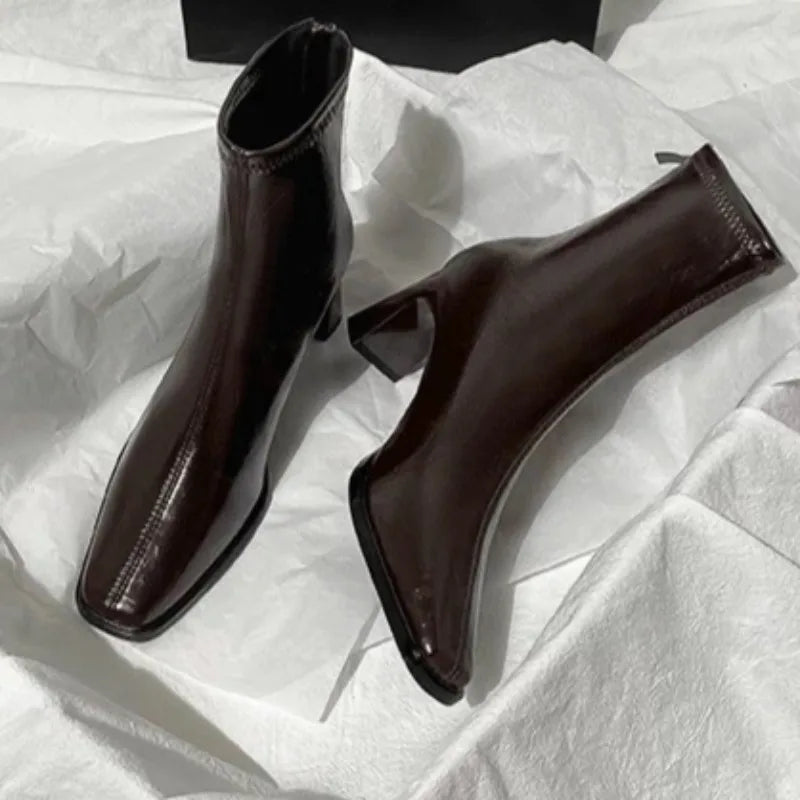 Women's High Heels 2025 Autumn New Style PU Waterproof Sexy Square Toe Mid-Calf Boots Luxury Metal Zipper Party Chelsea Boots