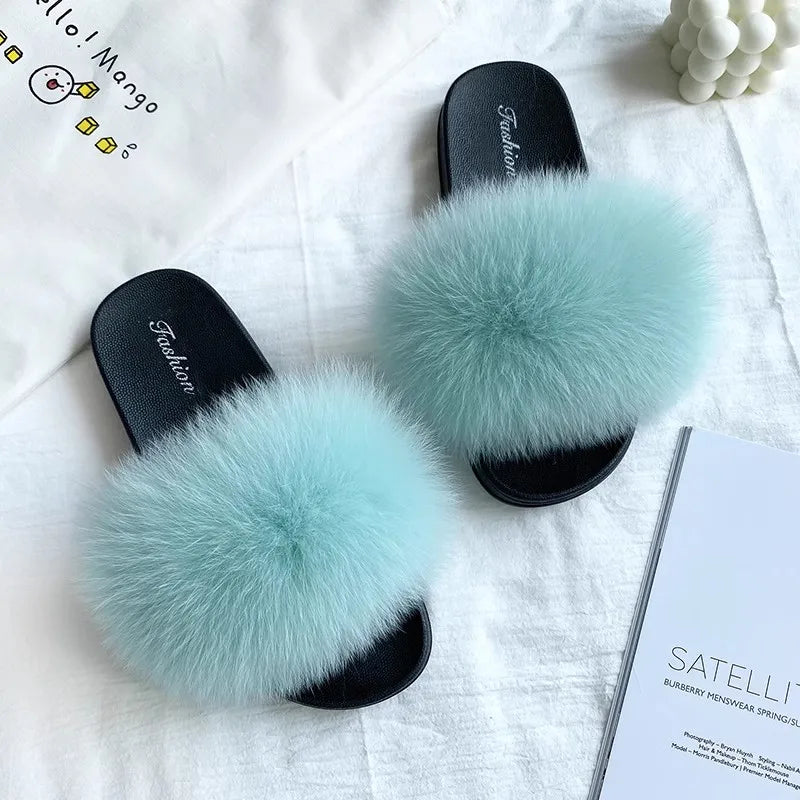 Fashion Lovely Real Fox Fur Slippers Women, Luxury Flat Sandals