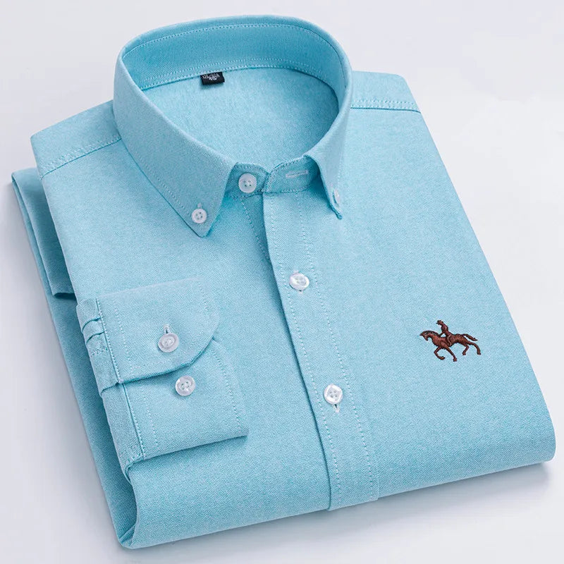 Men's 100% Cotton Oxford Washed Long Sleeve Dress Shirt — Embroidered Business Casual