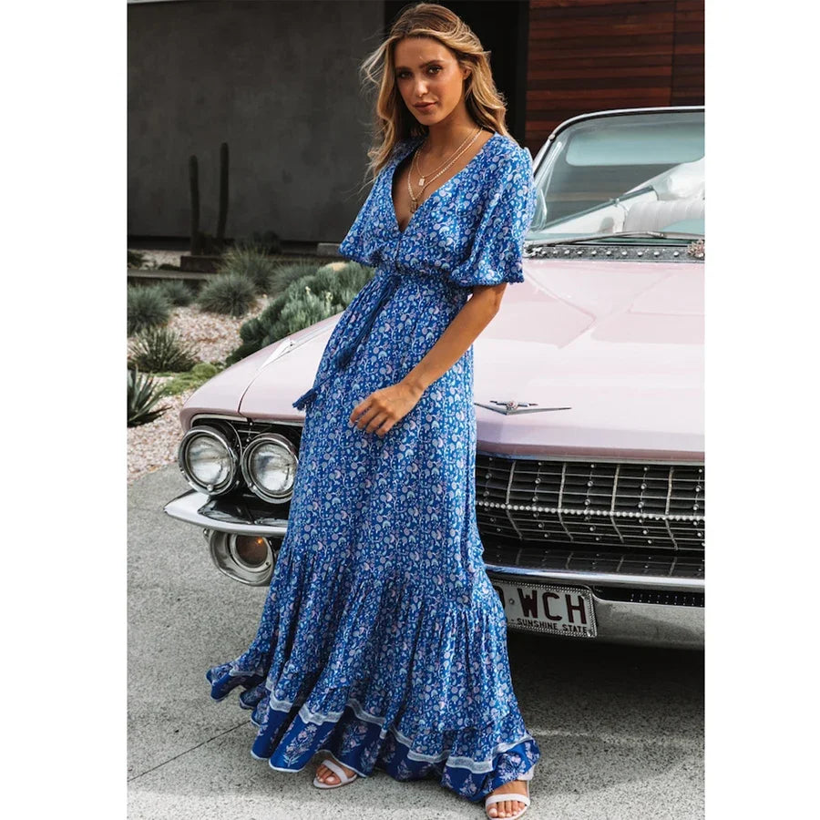 Maxi Dresses for women Cotton Rayon blue Floral print sexy deep v-ncek boho summer dresses loose Hippie long dress Vestidos