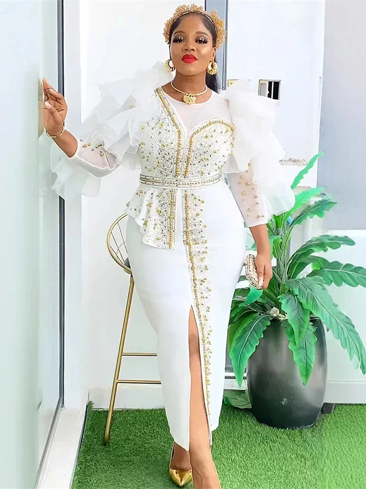 Customized Luxury Vintage Dresses For Women Wedding Party Prom Evening Gown Long Sleeve Dress Dashiki Beaded Robe Turkey African