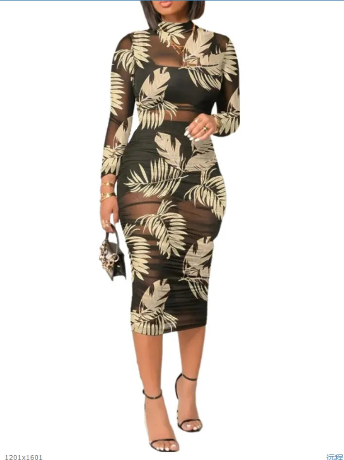 Fashion Flowers Printed Women's Sexy Mesh Gauze Mid Length Dress Three Piece Summer New Female Party Nightclub Mini Dresses 2023