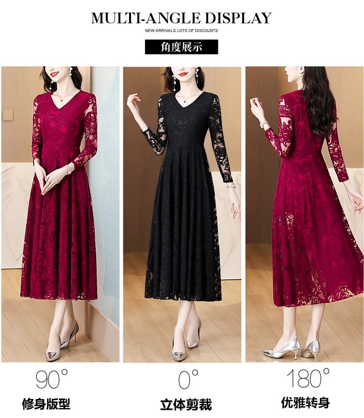 Women Vintage V-neck Lace Hollow Out Sexy Dress 2025 Elegant Bodycon Party Vestidos Spring Autumn Black Long Sleeve Midi Dresses