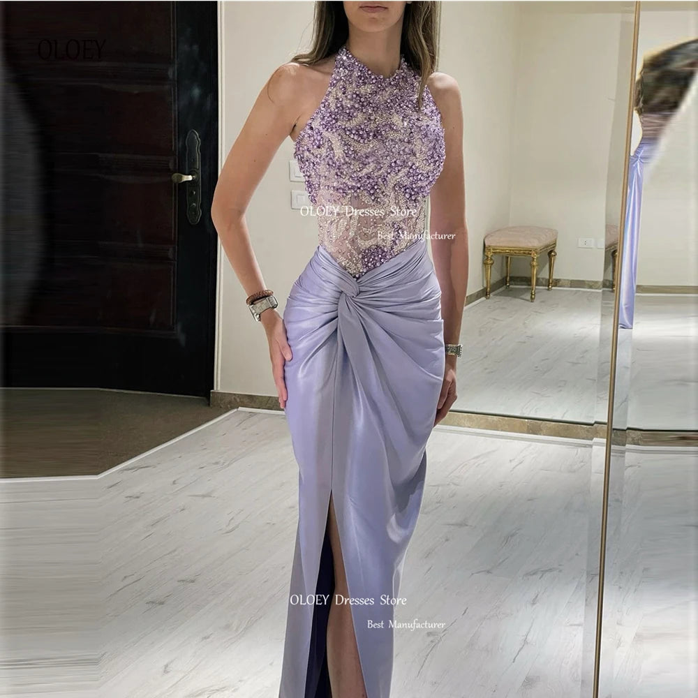 OLOEY Sexy Lavender Prom Party Dresses Lace Beading Halter Sleeves Split Dubai Arabia Evening Gowns Formal Party Dresses