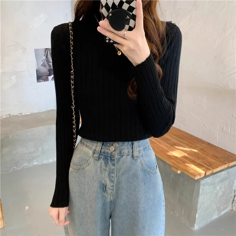 Woman Sweaters 2025 Autumn Winter Knitted Ribbed Turtleneck Sweater Women Clothes Long Sleeve Slim Basic Pullover Solid Tops