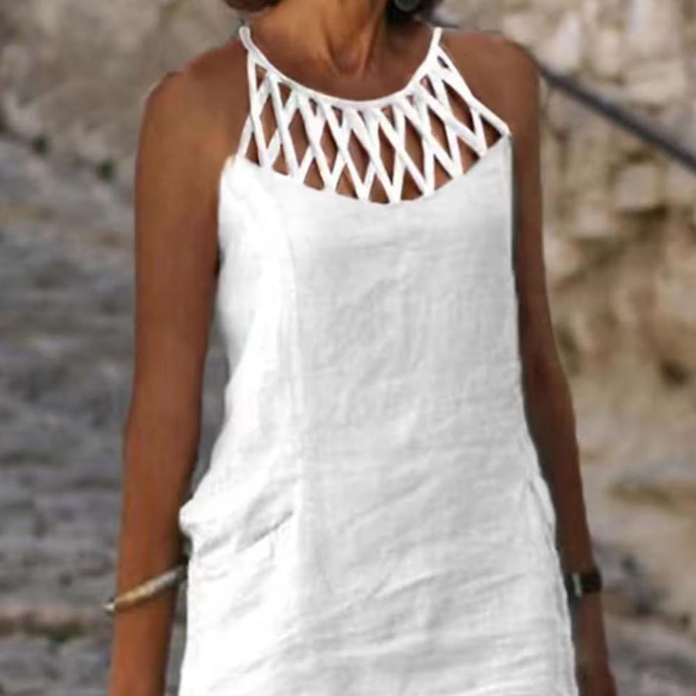 Vintage Dress Cotton Linen Women Clothing Summer Hallow Out Casual Chic Tunic Fashion Oversize Midi White Dresses Vestidos