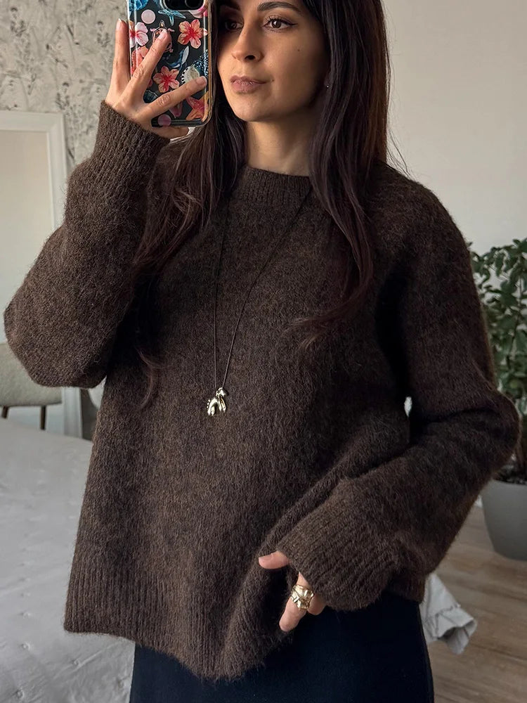 Women's Winter Sweater 2025 Warm Pullovers O Neck Knitwear Loose Knit Jumpers Basic Brown Sweaters For Women Winter Pink