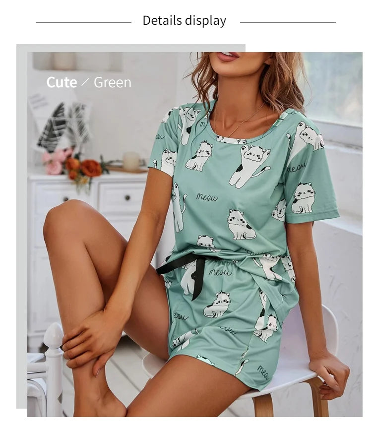 Women's Loungewear Casual Cute Print Nightwear Short Sleeve Crew Neck T-Shirt And Shorts Pajama Set Sleepwear Lounge Two Piece
