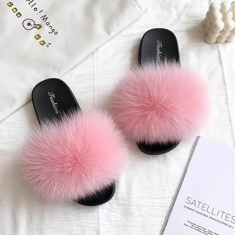 Fashion Lovely Real Fox Fur Slippers Women, Luxury Flat Sandals