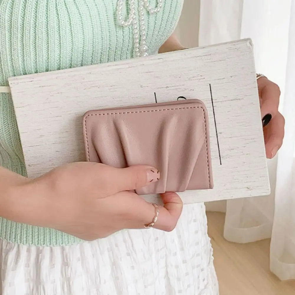 Elegant Foldable Wallet Multiple Card Slots PU Leather Mini Coin Purse Versatile Solid Color Wrinkled Card Holder Girls