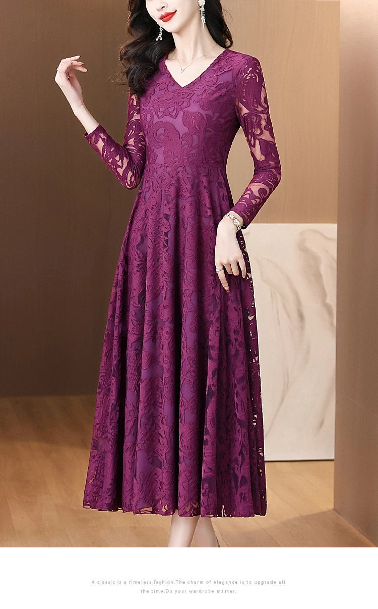 Women Vintage V-neck Lace Hollow Out Sexy Dress 2025 Elegant Bodycon Party Vestidos Spring Autumn Black Long Sleeve Midi Dresses
