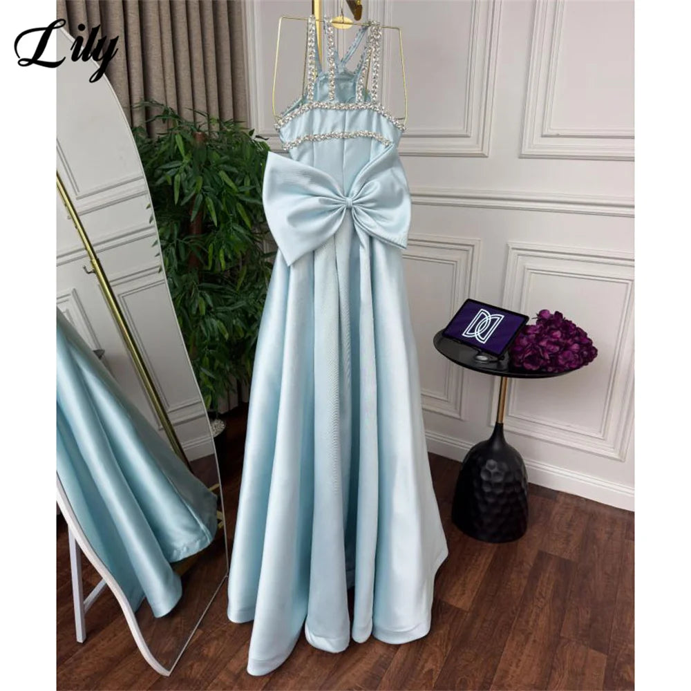 Lily Light Blue Prom Dress Shiny Beading Halter Party Dresses Stain  Sleeveless Celebrity Gowns with Detachable Tail Customized