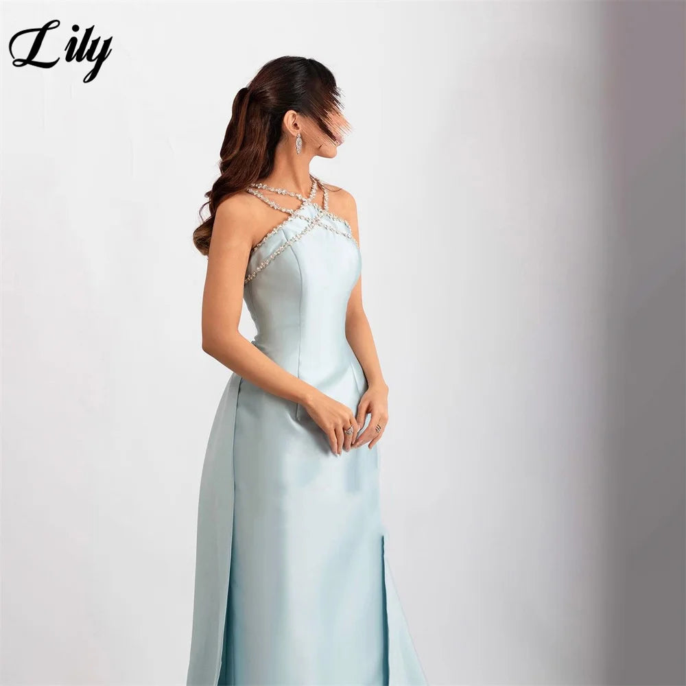 Lily Light Blue Prom Dress Shiny Beading Halter Party Dresses Stain  Sleeveless Celebrity Gowns with Detachable Tail Customized