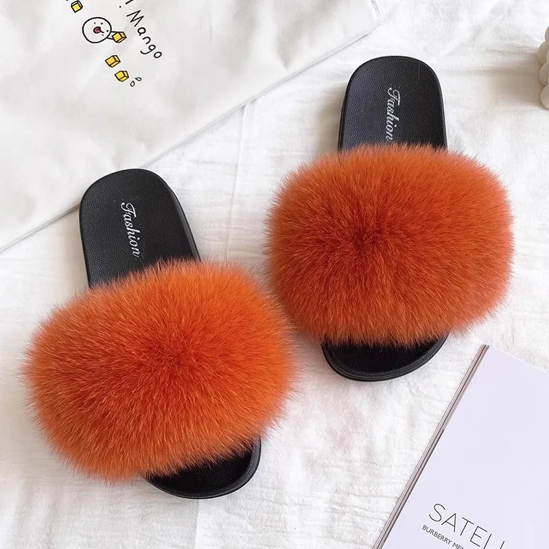 Fashion Lovely Real Fox Fur Slippers Women, Luxury Flat Sandals