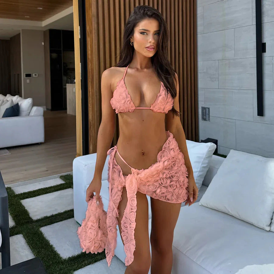 Bikini Bodysuit Swimwear Women With Skirt Bathing Suit Summer New Ruffle Splice Print Beachwear Holiday Bikini Cover Ups Outfits