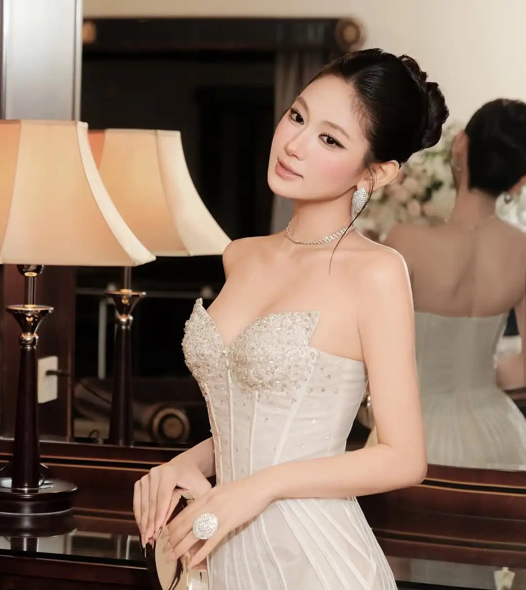 Elegant Evening Dress for Women Party Cocktail Gown Red Carpet Wedding Guest Dress Crystal Embellished Strapless A-Line Mini Dre