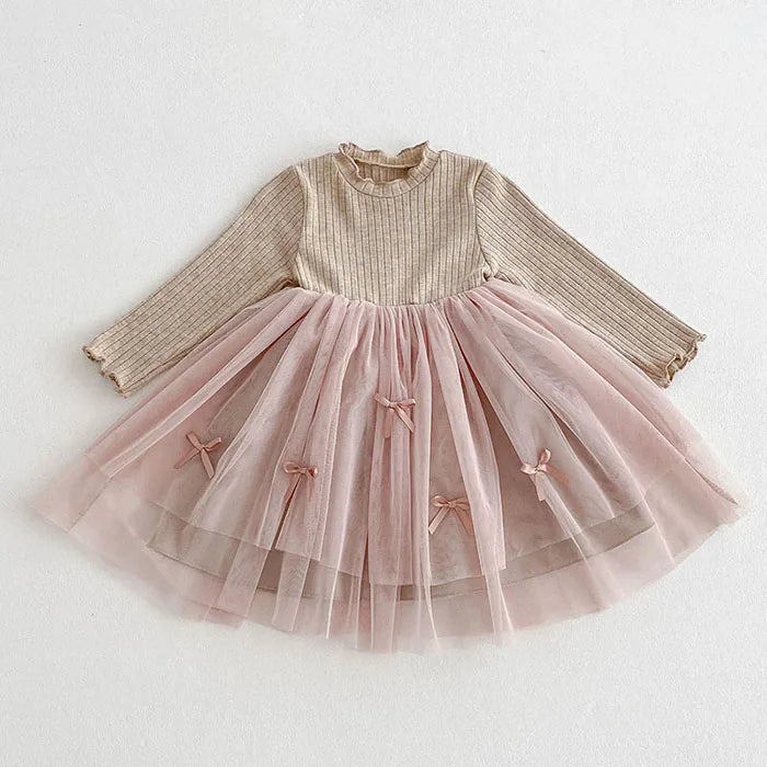 2025 New Spring Sister Dress 2-6Yrs Girl Party Dress Long Sleeved Cotton Mesh Splicing Kids Princess Dresses Children Clothes