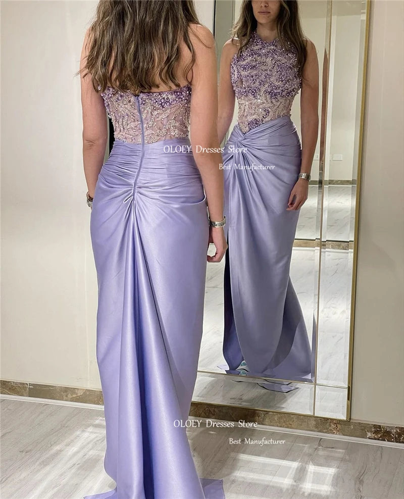 OLOEY Sexy Lavender Prom Party Dresses Lace Beading Halter Sleeves Split Dubai Arabia Evening Gowns Formal Party Dresses