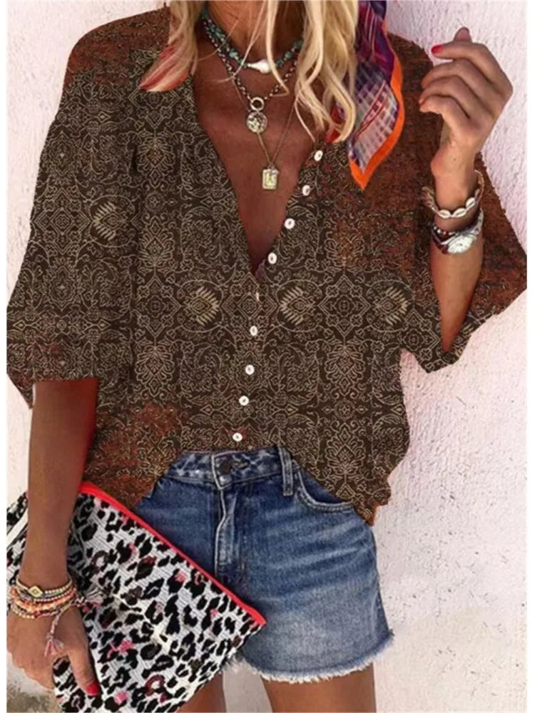 2024 New Women's Shirts & Blouses Fashion Vintage Printed Casual Vacation Bohemian Style Lady Single-breasted Shirt Streetwear