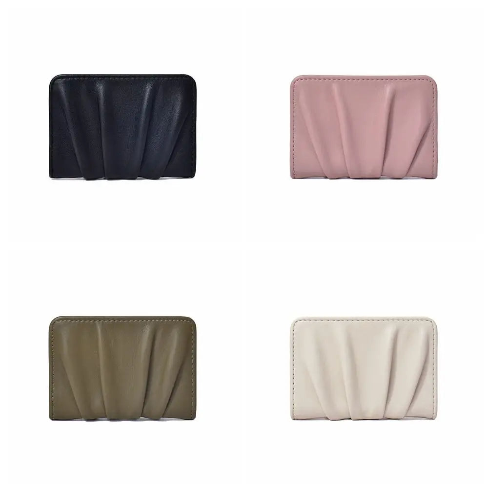 Elegant Foldable Wallet Multiple Card Slots PU Leather Mini Coin Purse Versatile Solid Color Wrinkled Card Holder Girls