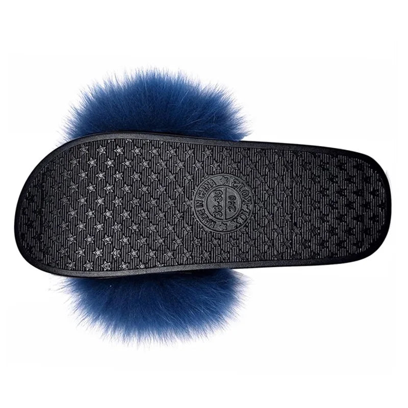 Fashion Lovely Real Fox Fur Slippers Women, Luxury Flat Sandals