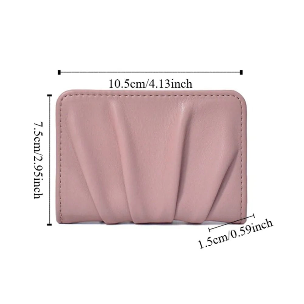 Elegant Foldable Wallet Multiple Card Slots PU Leather Mini Coin Purse Versatile Solid Color Wrinkled Card Holder Girls