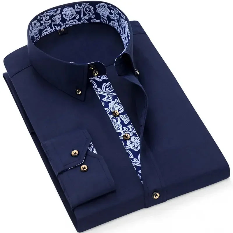 Men's Slim Fit Cotton Long Sleeve Dress Shirt — Smart Casual Business Black Blue White