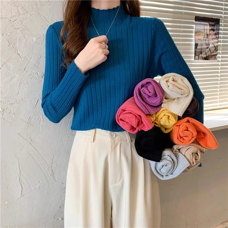 Woman Sweaters 2025 Autumn Winter Knitted Ribbed Turtleneck Sweater Women Clothes Long Sleeve Slim Basic Pullover Solid Tops