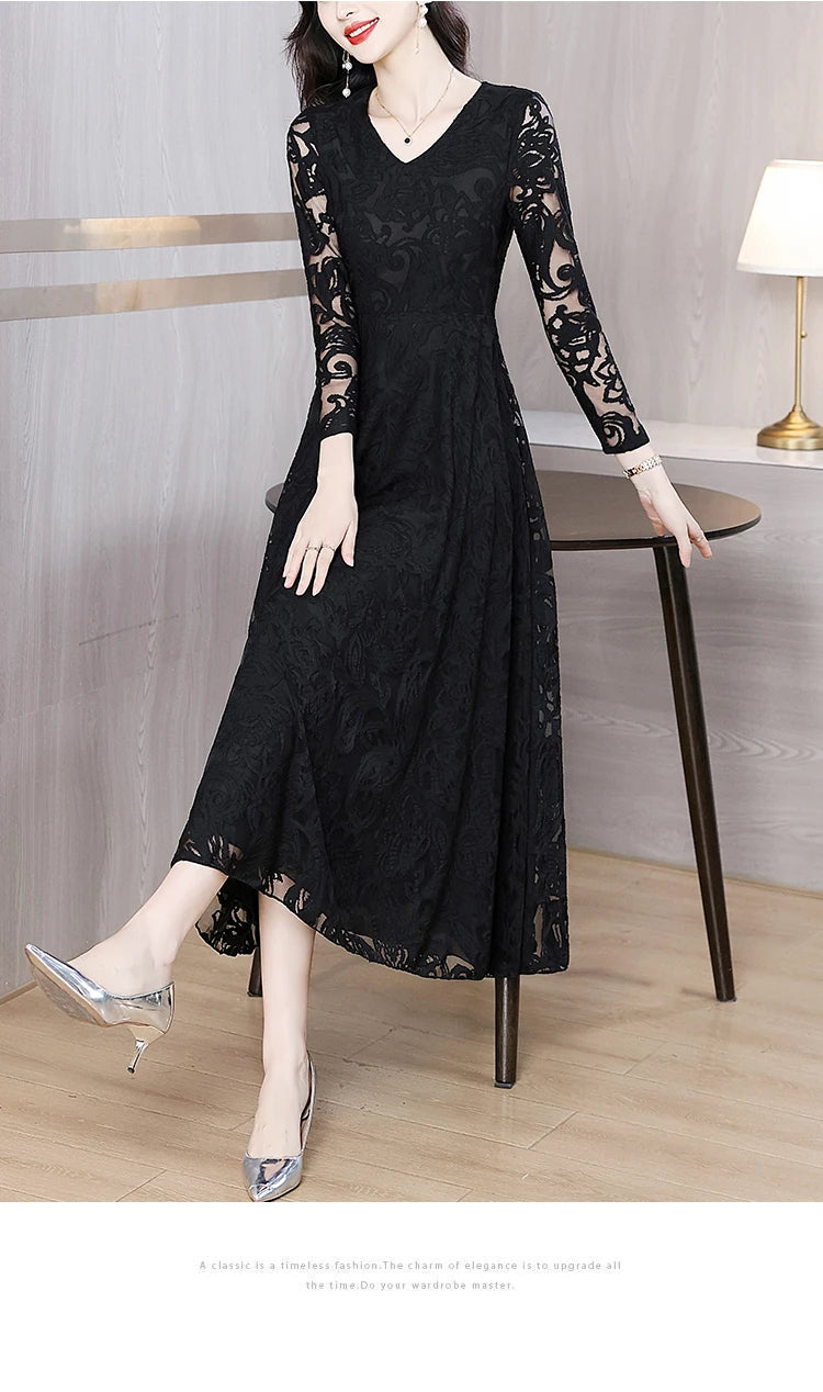 Women Vintage V-neck Lace Hollow Out Sexy Dress 2025 Elegant Bodycon Party Vestidos Spring Autumn Black Long Sleeve Midi Dresses