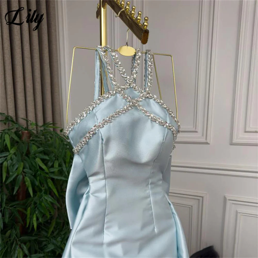 Lily Light Blue Prom Dress Shiny Beading Halter Party Dresses Stain  Sleeveless Celebrity Gowns with Detachable Tail Customized