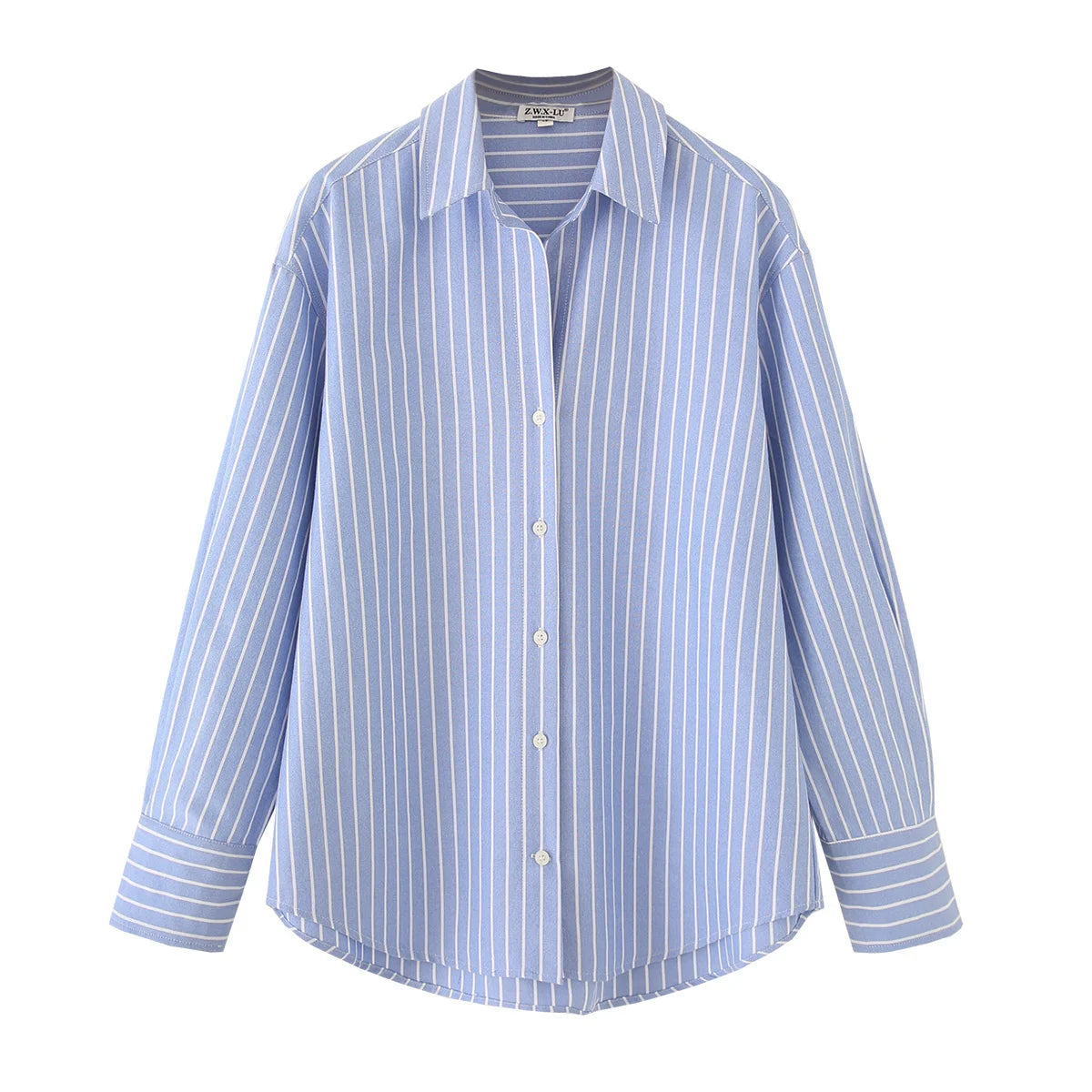 Blue Stripe Button-Down Shirt Women Oversized Fit Long Sleeve Spring Summer Elegant Office Casual Daily Wear Lightweight Top